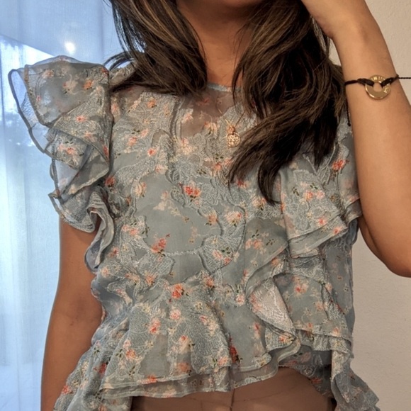 Rebecca Tayler Serra Floral Organza Ruffle Top Light Blue Silk Pattern - Picture 3 of 14